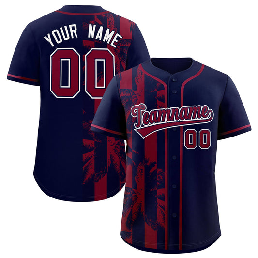 Custom Navy Crimson Split Fashion Coconut Tree Design Authentic Baseball Jersey