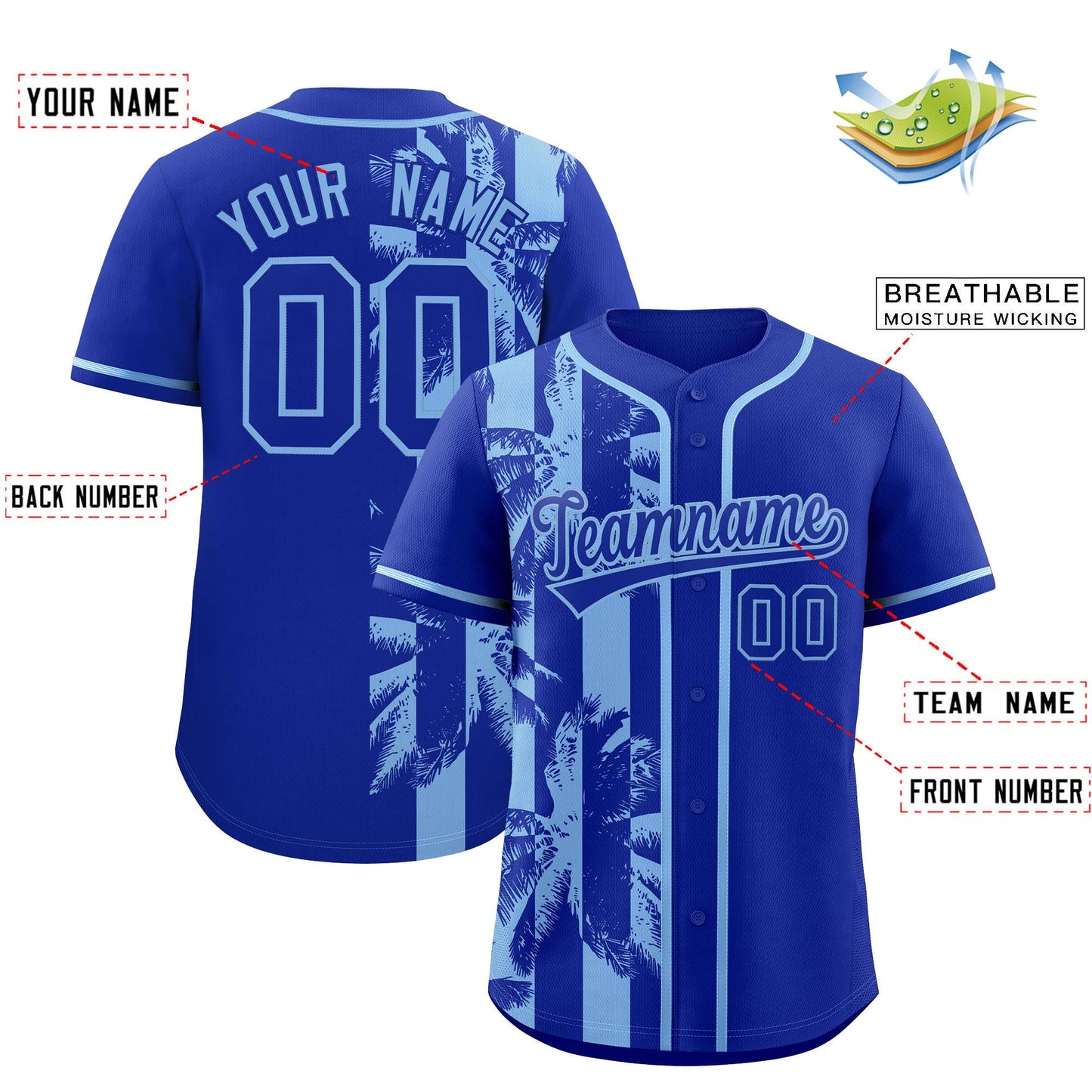 Custom Royal Powder Blue Split Fashion Coconut Tree Design Authentic Baseball Jersey Limited