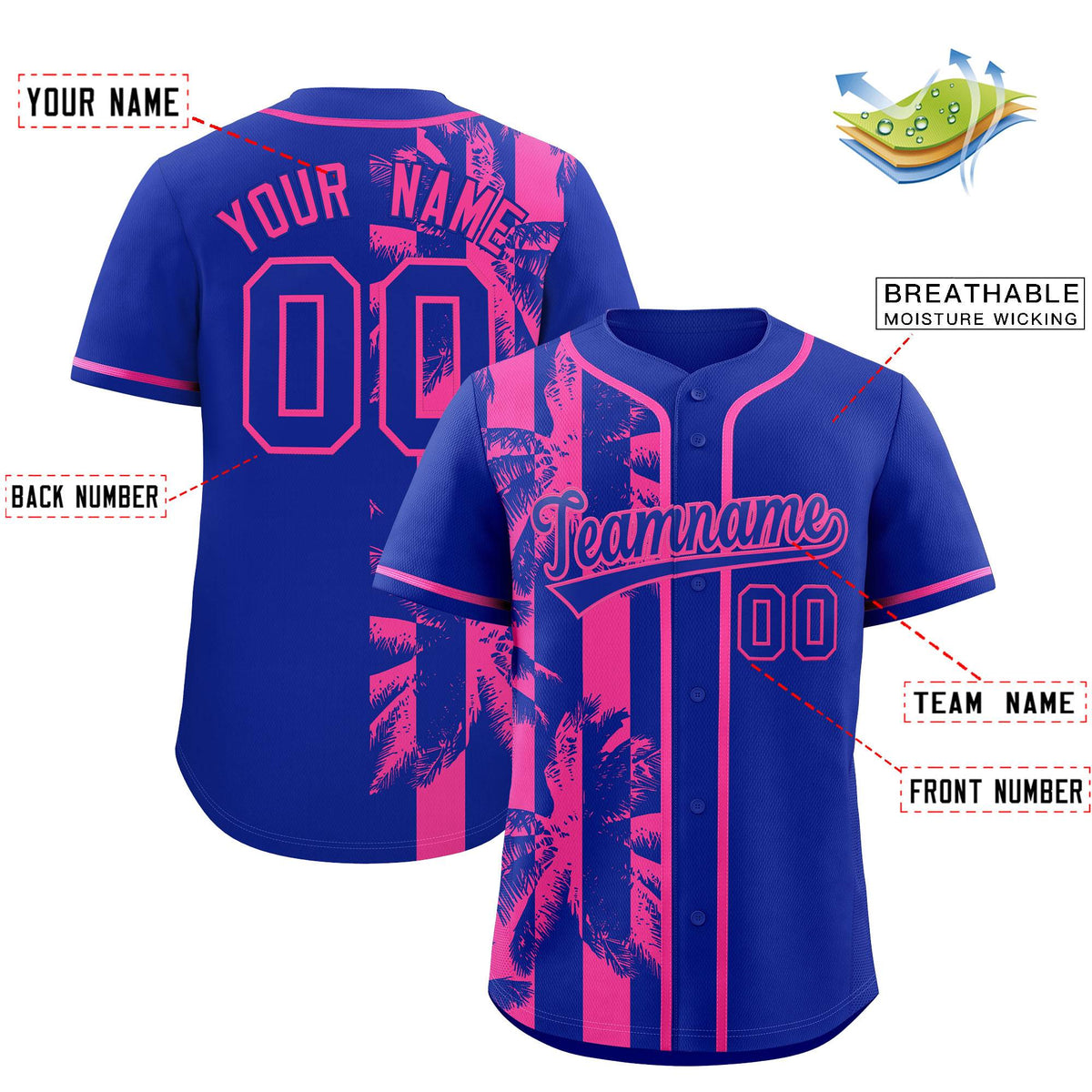 Custom Royal Pink Split Fashion Coconut Tree Design Authentic Baseball Jersey Limited