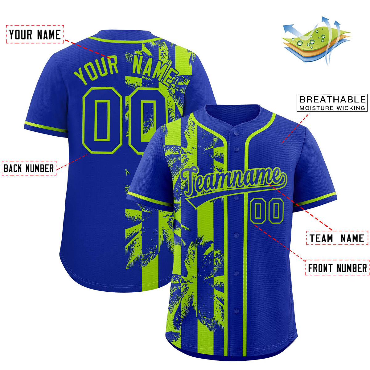 Custom Royal Neon Green Split Fashion Coconut Tree Design Authentic Baseball Jersey Limited