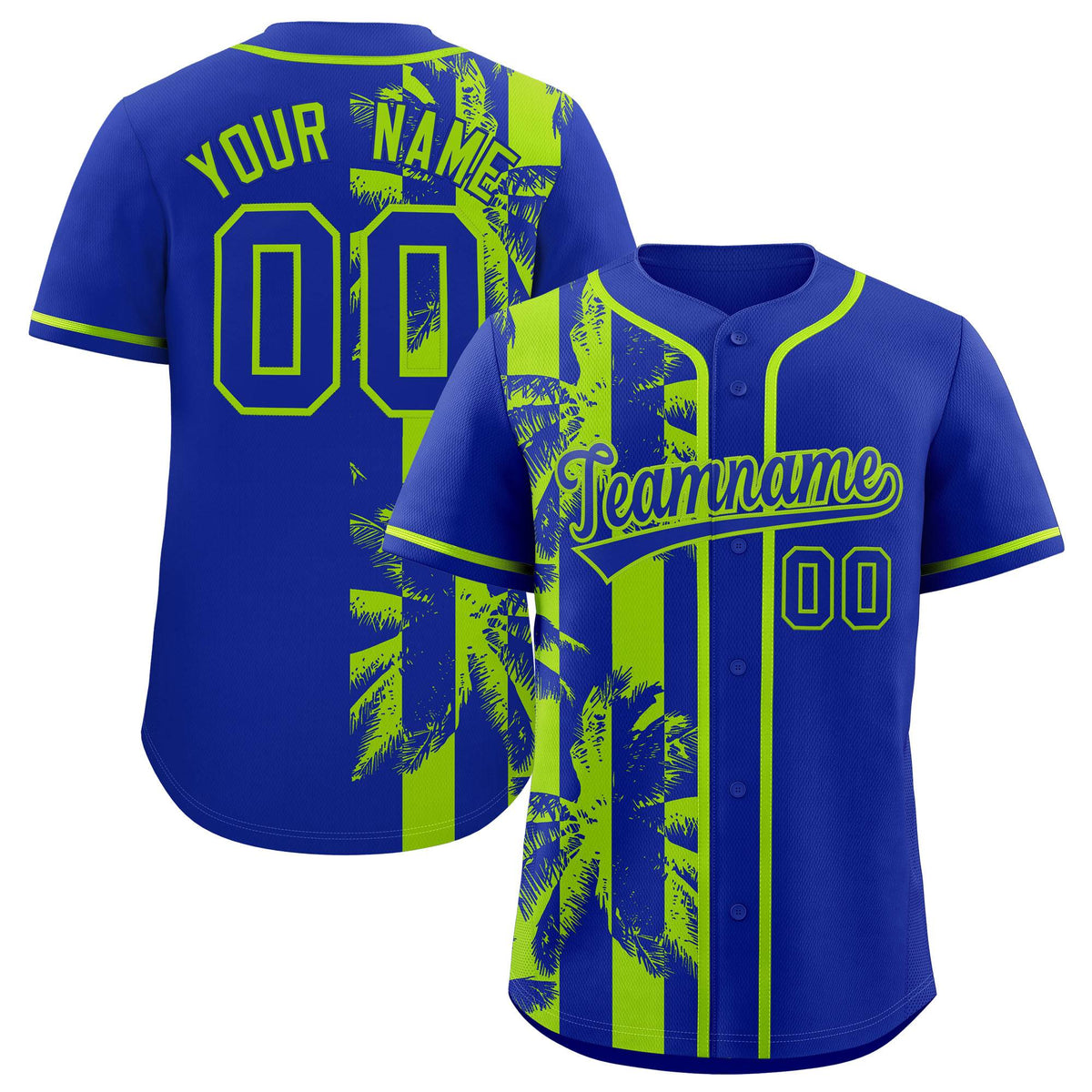 Custom Royal Neon Green Split Fashion Coconut Tree Design Authentic Baseball Jersey