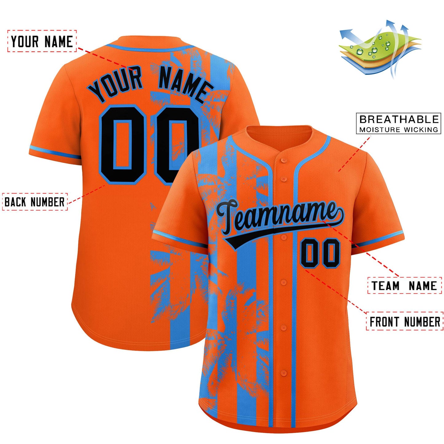 Custom Orange Powder Blue Split Fashion Coconut Tree Design Authentic Baseball Jersey Limited