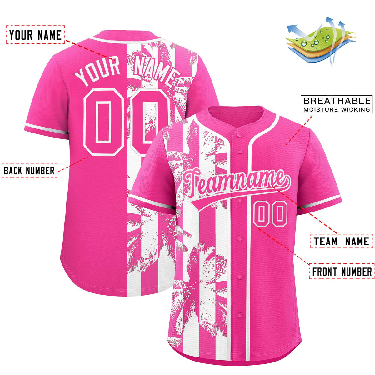 Custom Pink White Split Fashion Coconut Tree Design Authentic Baseball Jersey Limited