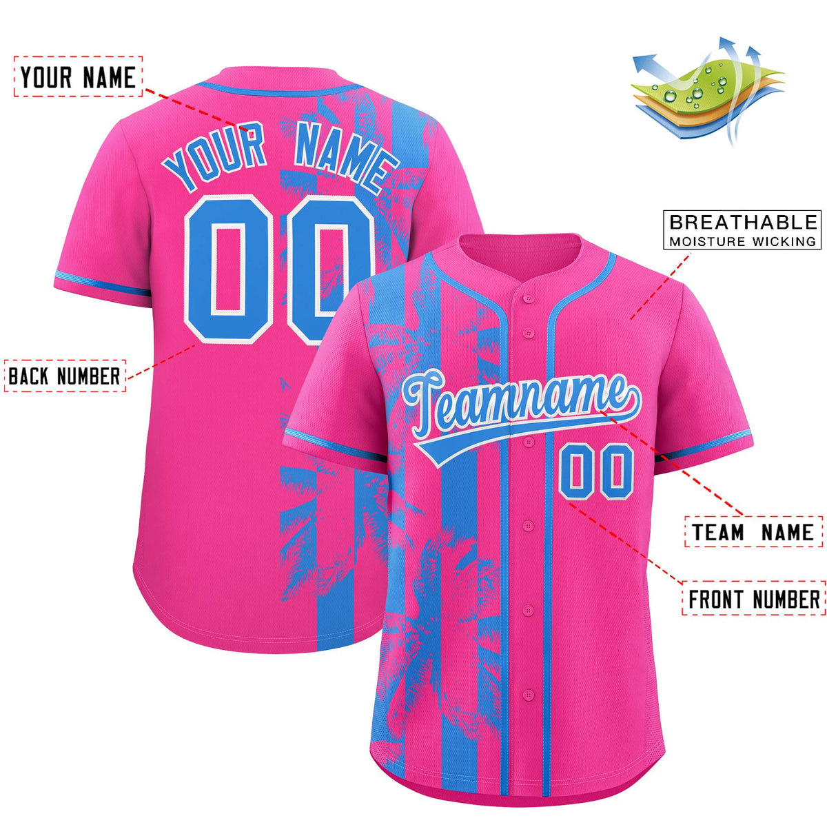 Custom Pink Powder Blue Split Fashion Coconut Tree Design Authentic Baseball Jersey Limited