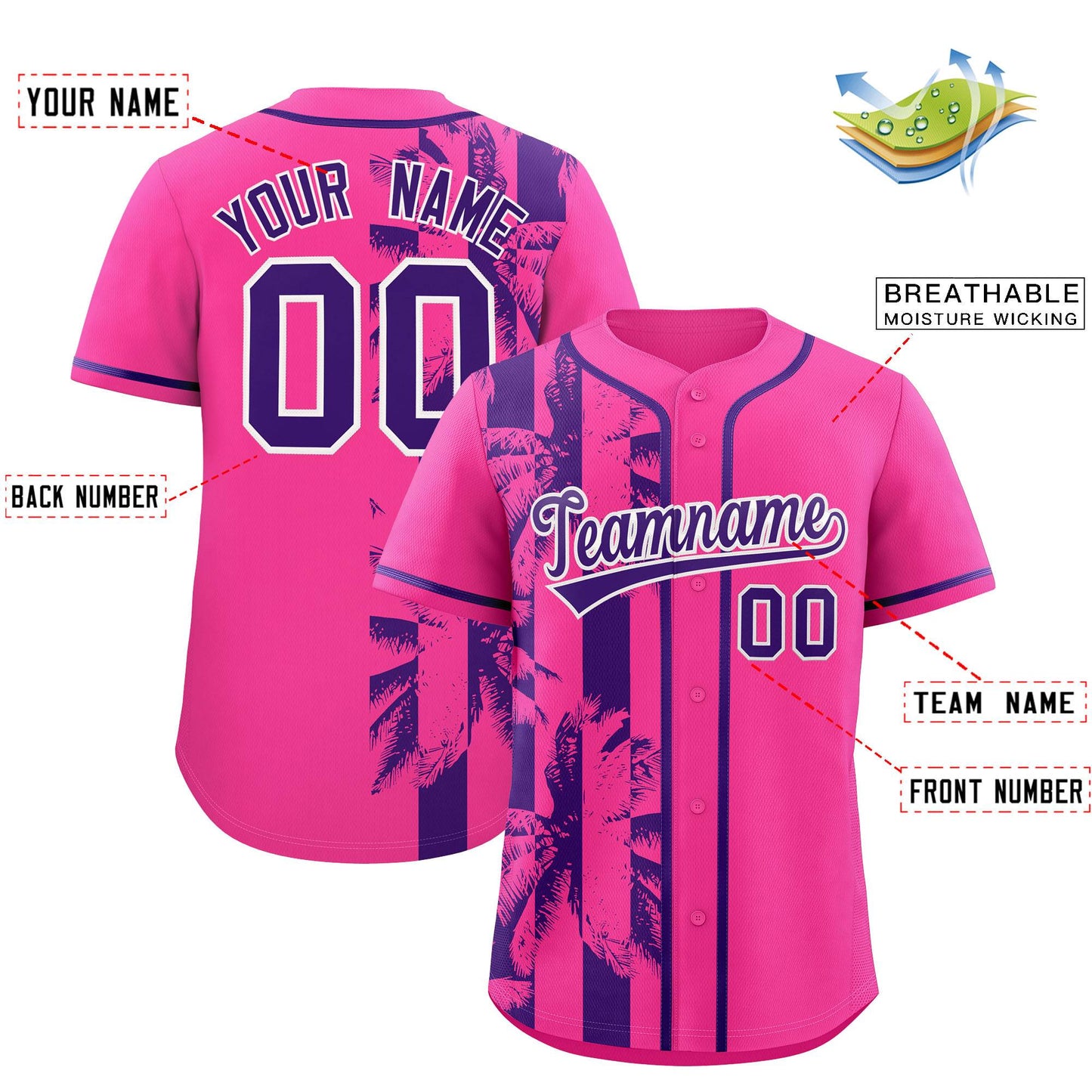 Custom Pink Purple Split Fashion Coconut Tree Design Authentic Baseball Jersey Limited
