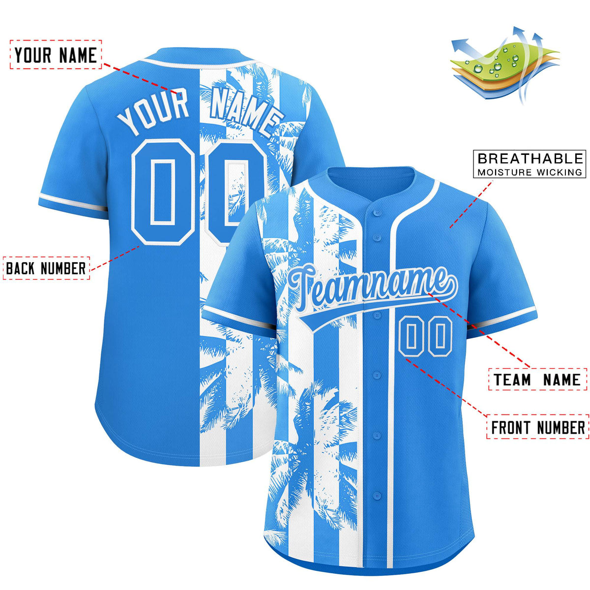Custom Powder Blue White Split Fashion Coconut Tree Design Authentic Baseball Jersey Limited