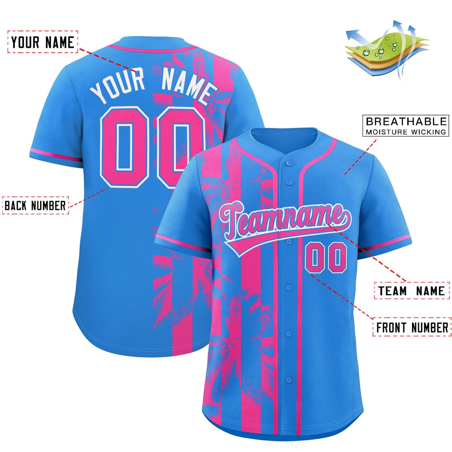 Custom Powder Blue Pink Split Fashion Coconut Tree Design Authentic Baseball Jersey Limited