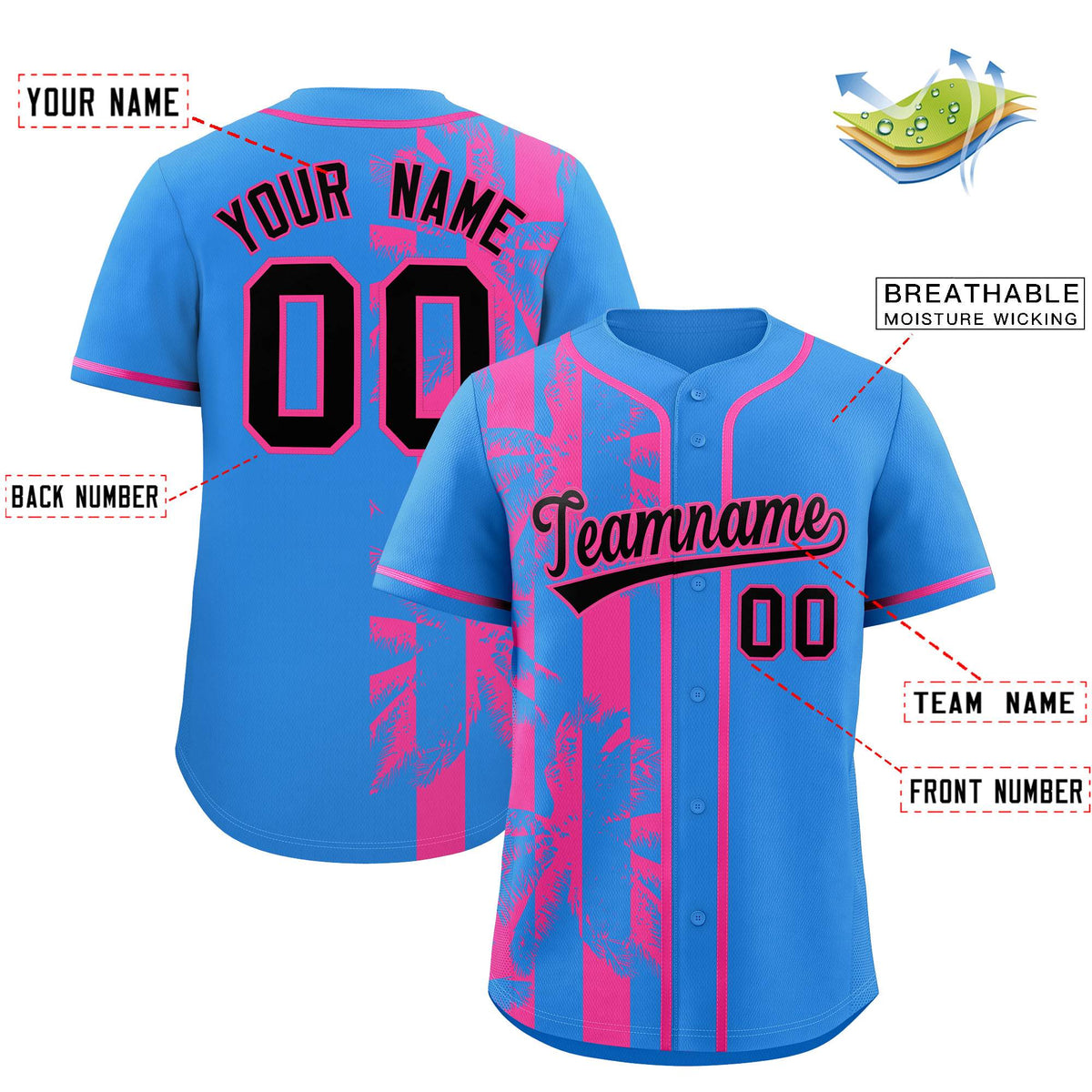 Custom Powder Blue Pink Split Fashion Coconut Tree Design Authentic Baseball Jersey Limited