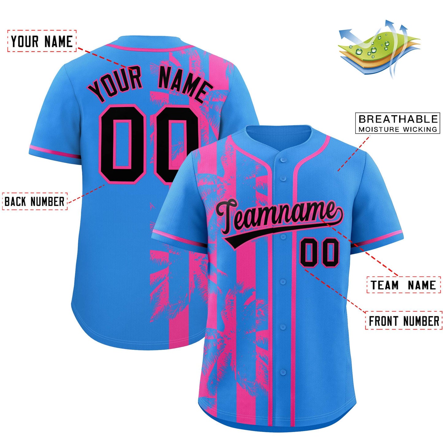 Custom Powder Blue Pink Split Fashion Coconut Tree Design Authentic Baseball Jersey Limited