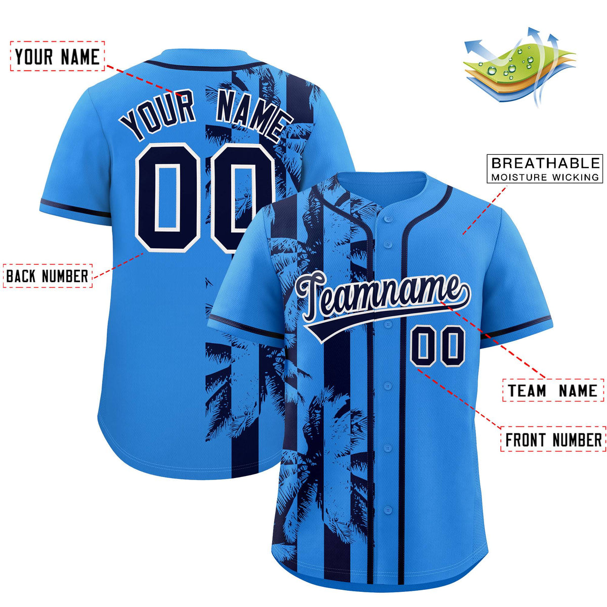 Custom Powder Blue Navy Split Fashion Coconut Tree Design Authentic Baseball Jersey Limited