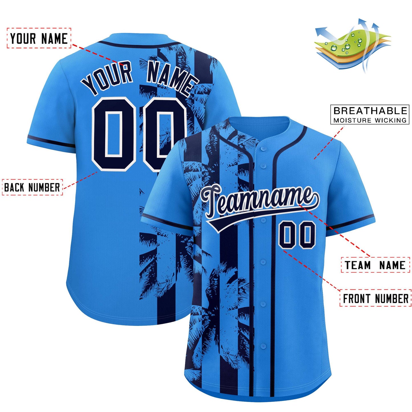 Custom Powder Blue Navy Split Fashion Coconut Tree Design Authentic Baseball Jersey Limited