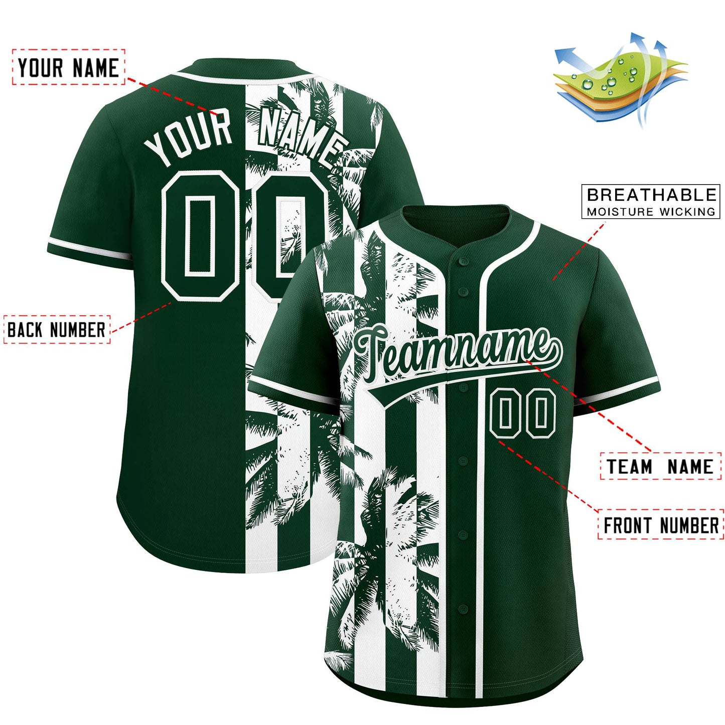 Custom Green White Split Fashion Coconut Tree Design Authentic Baseball Jersey Limited