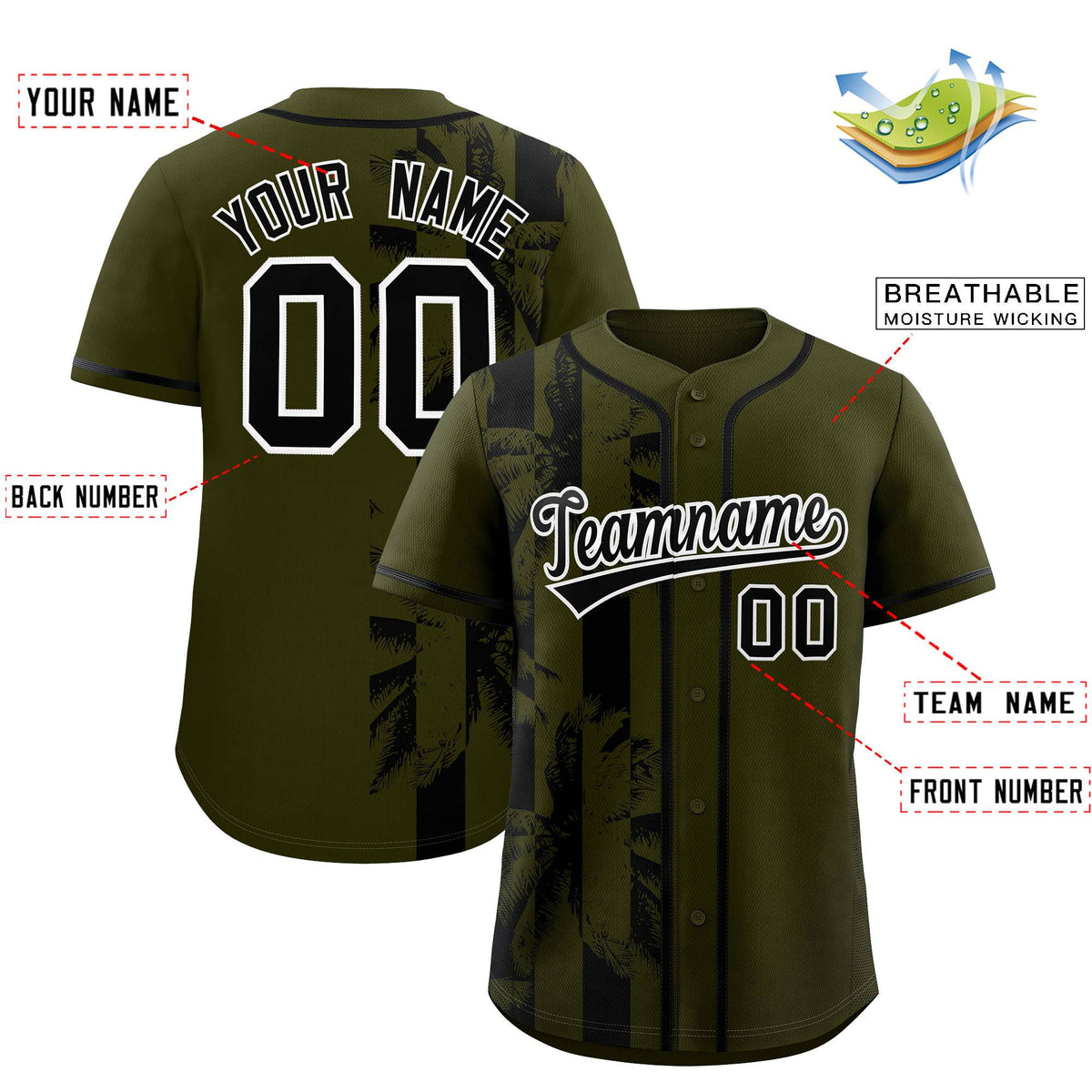 Custom Olive Black Split Fashion Coconut Tree Design Authentic Baseball Jersey Limited