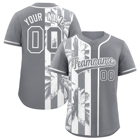 Custom Gray White Split Fashion Coconut Tree Design Authentic Baseball Jersey
