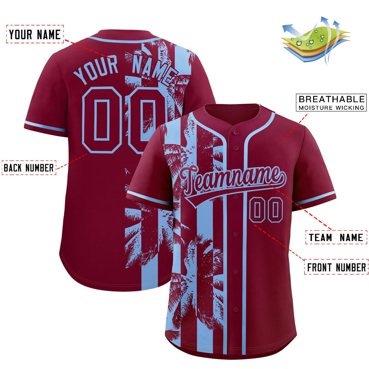 Custom Crimson Powder Blue Split Fashion Coconut Tree Design Authentic Baseball Jersey Limited