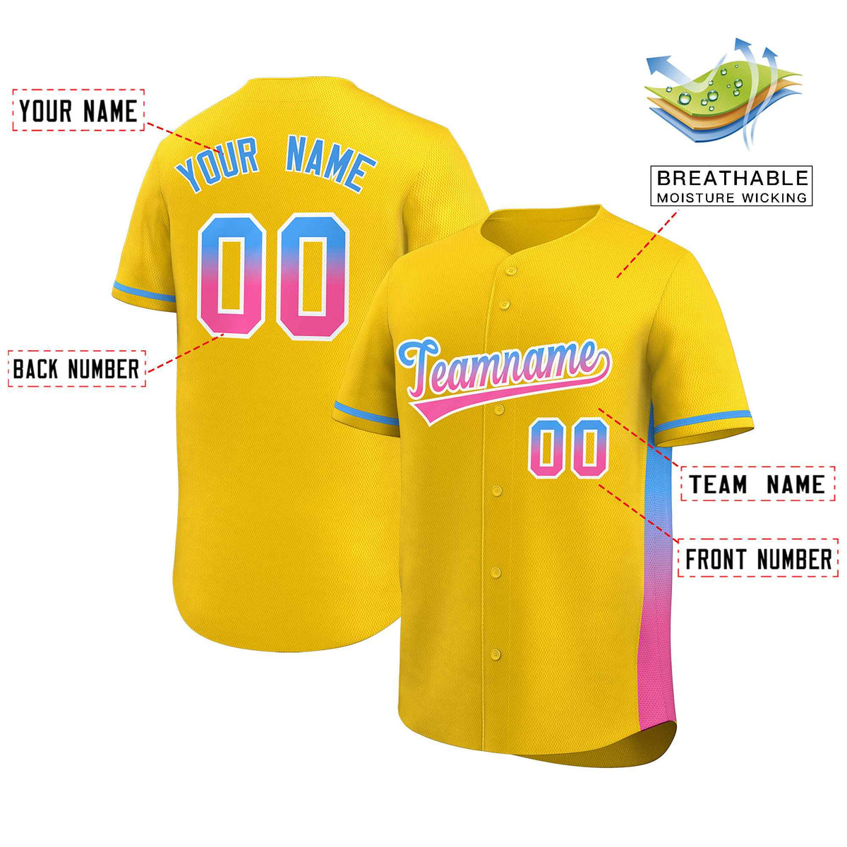 Custom Gold Powder Blue-Pink Personalized Gradient Font And Side Design Authentic Baseball Jersey Limited