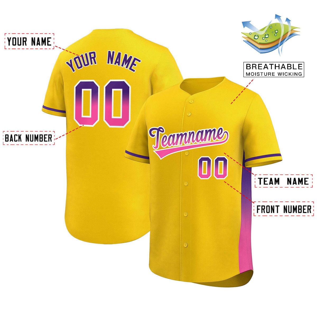 Custom Gold Purple-Pink Personalized Gradient Font And Side Design Authentic Baseball Jersey Limited
