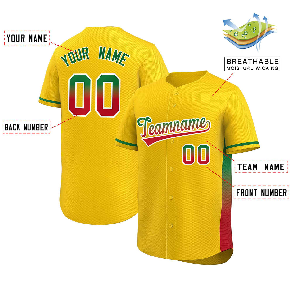 Custom Gold Kelly Green-Red Personalized Gradient Font And Side Design Authentic Baseball Jersey Limited