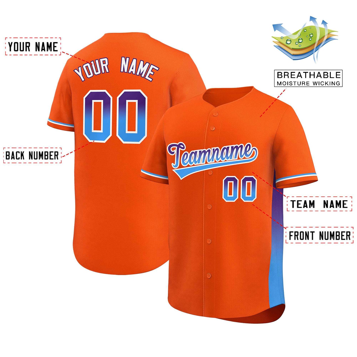 Custom Orange Purple-Powder Blue Personalized Gradient Font And Side Design Authentic Baseball Jersey Limited