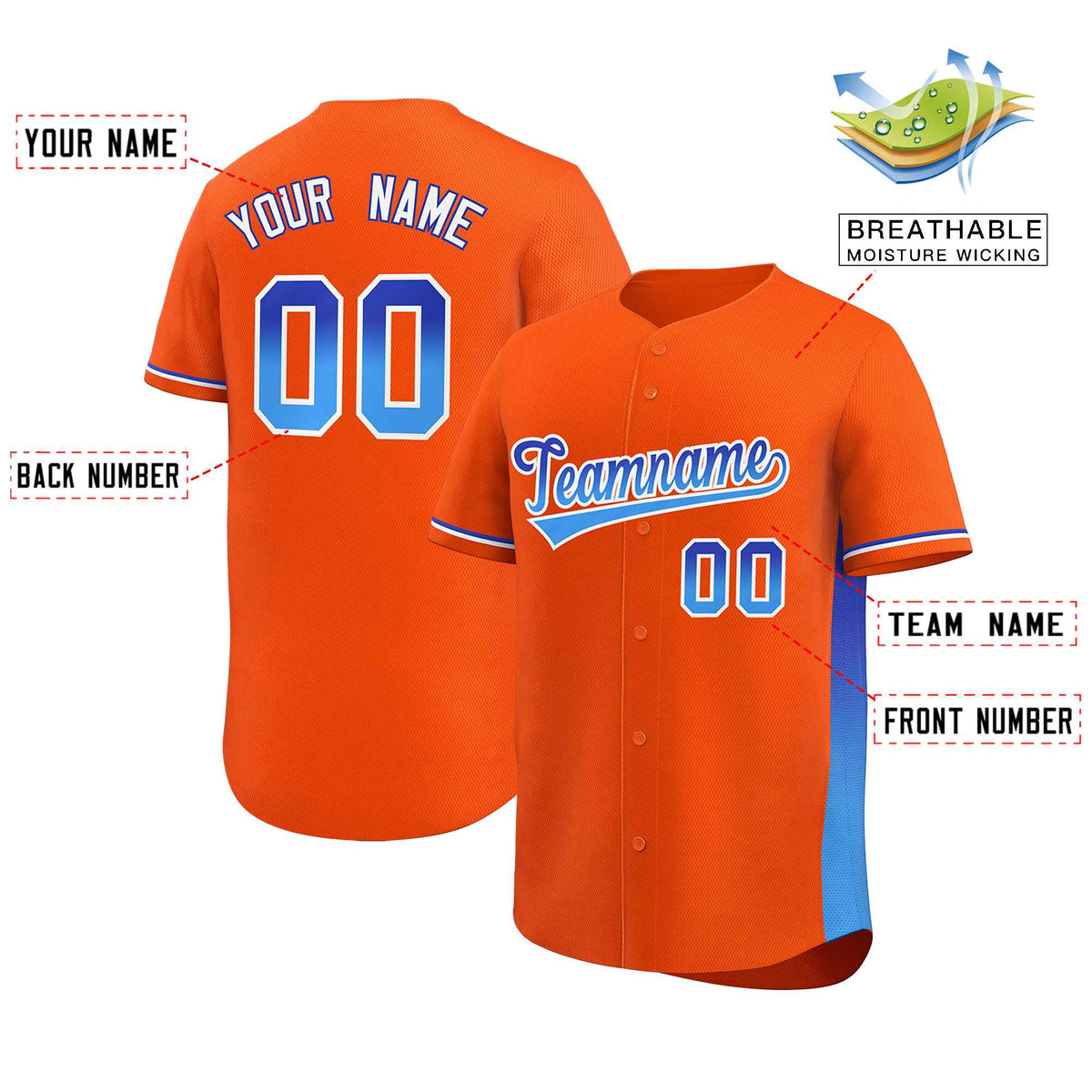 Custom Orange Royal-Powder Blue Personalized Gradient Font And Side Design Authentic Baseball Jersey Limited