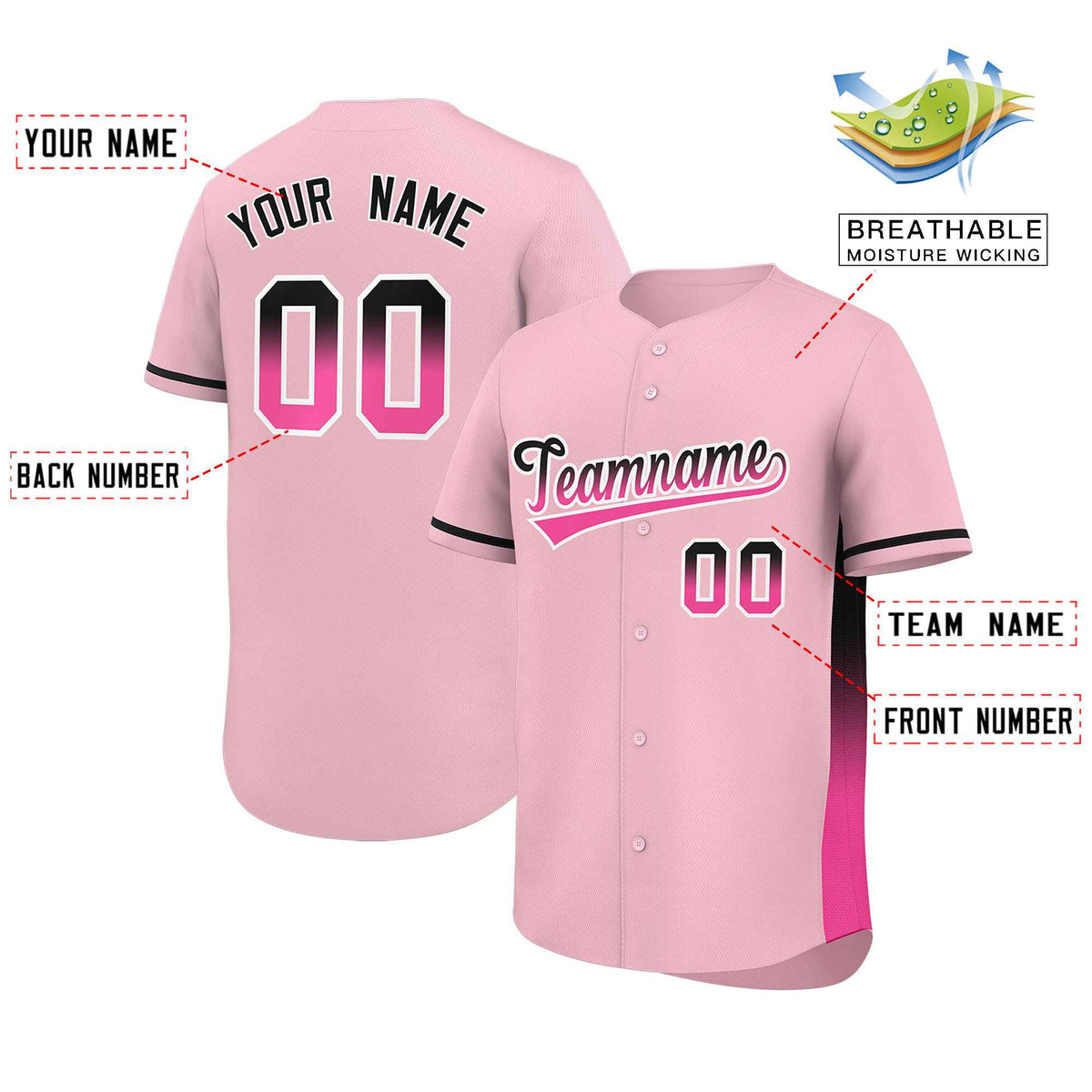 Custom Light Pink Black-Pink Personalized Gradient Font And Side Design Authentic Baseball Jersey Limited