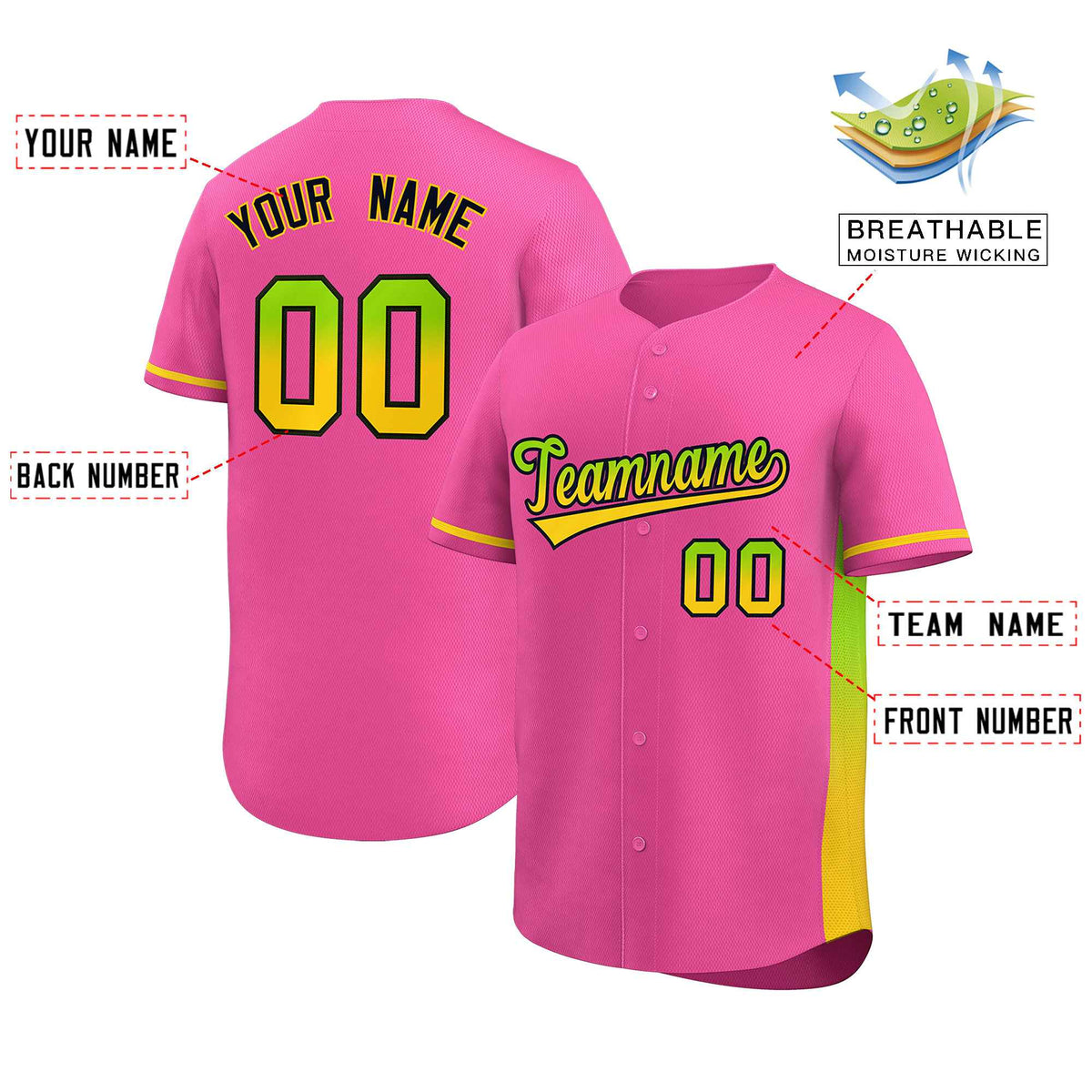 Custom Pink Neon Green-Gold Personalized Gradient Font And Side Design Authentic Baseball Jersey Limited