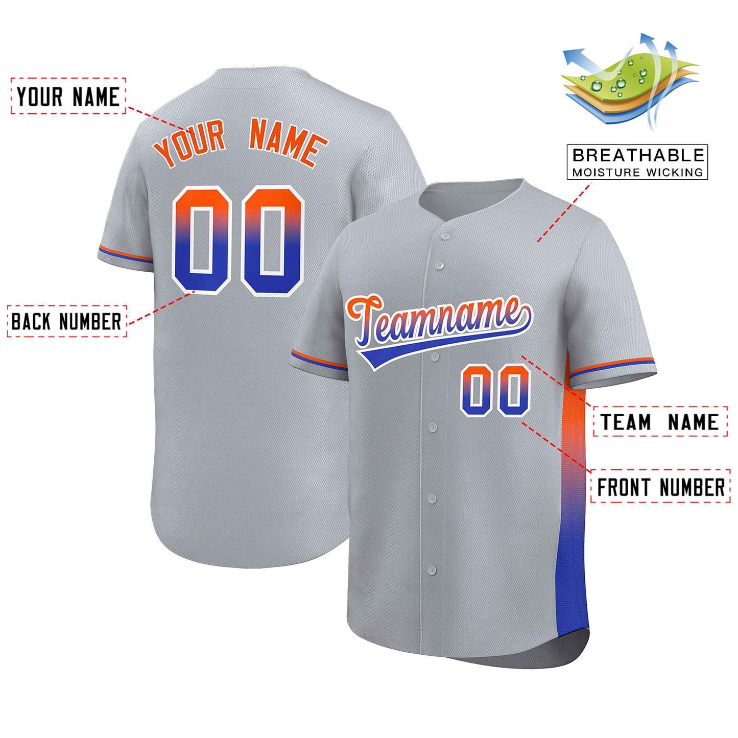 Custom Light Gray Orange-Royal Personalized Gradient Font And Side Design Authentic Baseball Jersey Limited