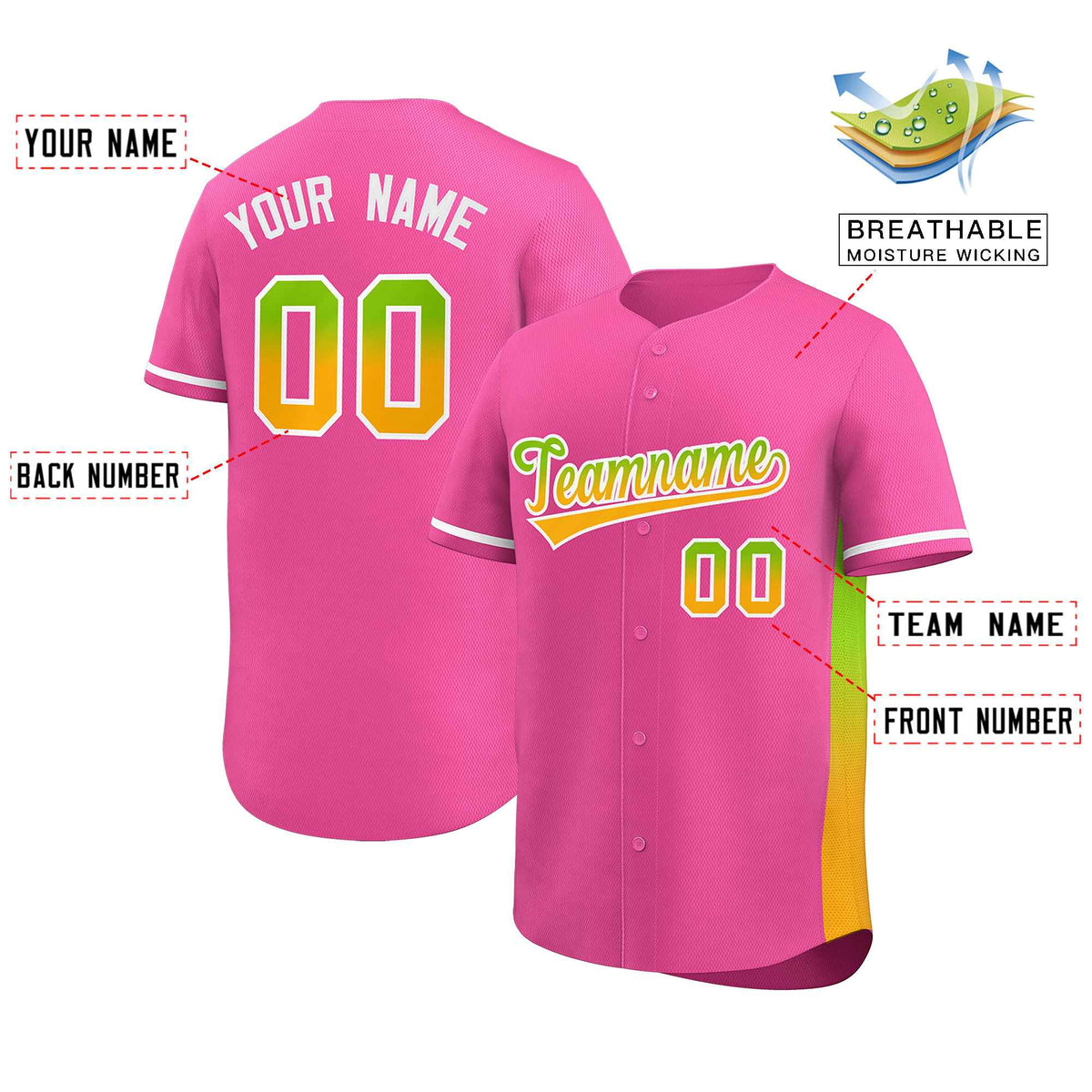 Custom Pink Neon Green-Gold Personalized Gradient Font And Side Design Authentic Baseball Jersey Limited
