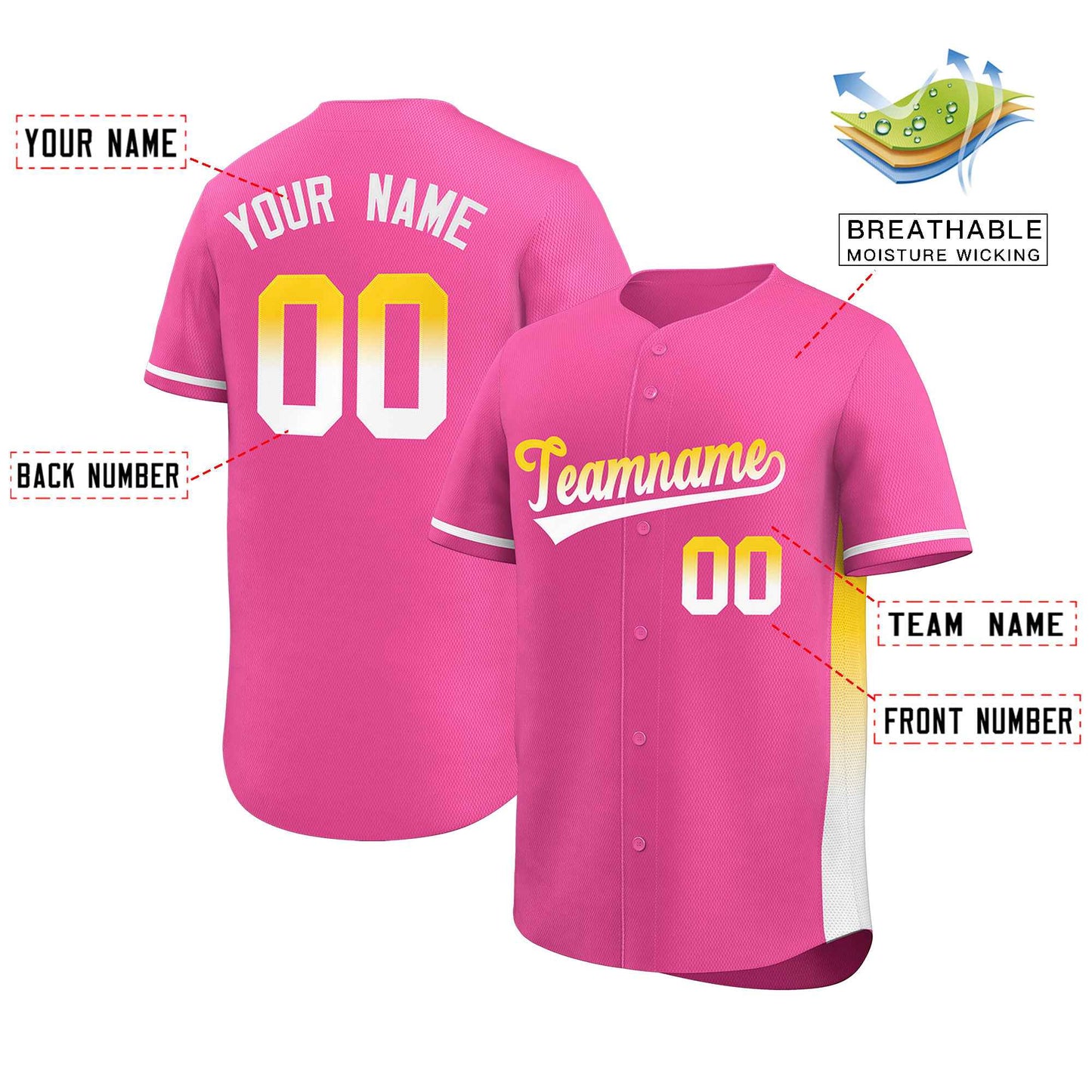 Custom Pink Gold-White Personalized Gradient Font And Side Design Authentic Baseball Jersey Limited