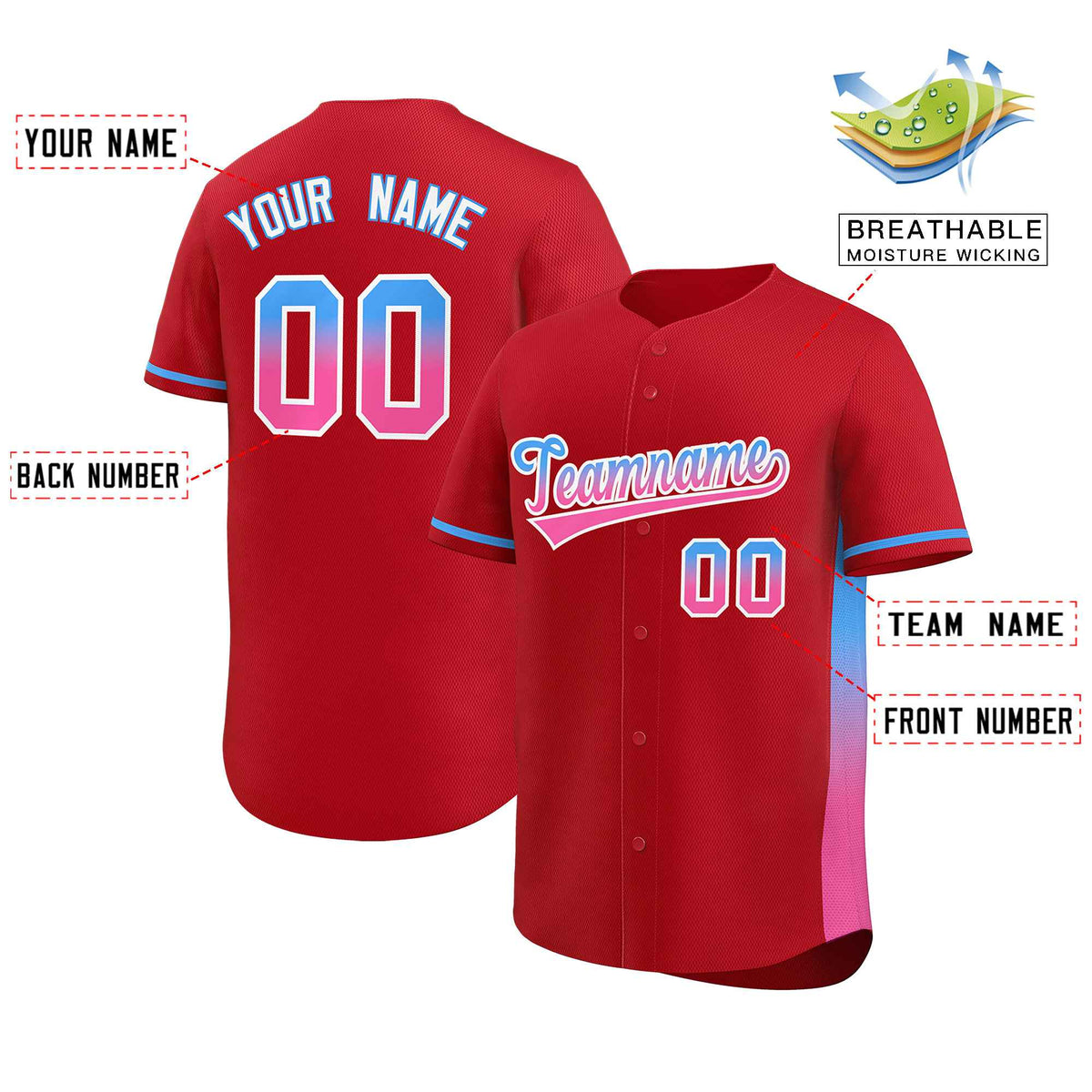Custom Red Powder Blue-Pink Personalized Gradient Font And Side Design Authentic Baseball Jersey Limited