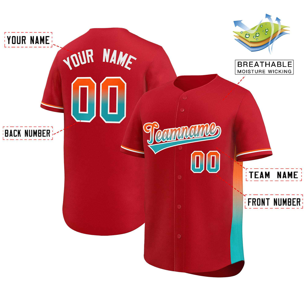 Custom Red Orange-Aqua Personalized Gradient Font And Side Design Authentic Baseball Jersey Limited