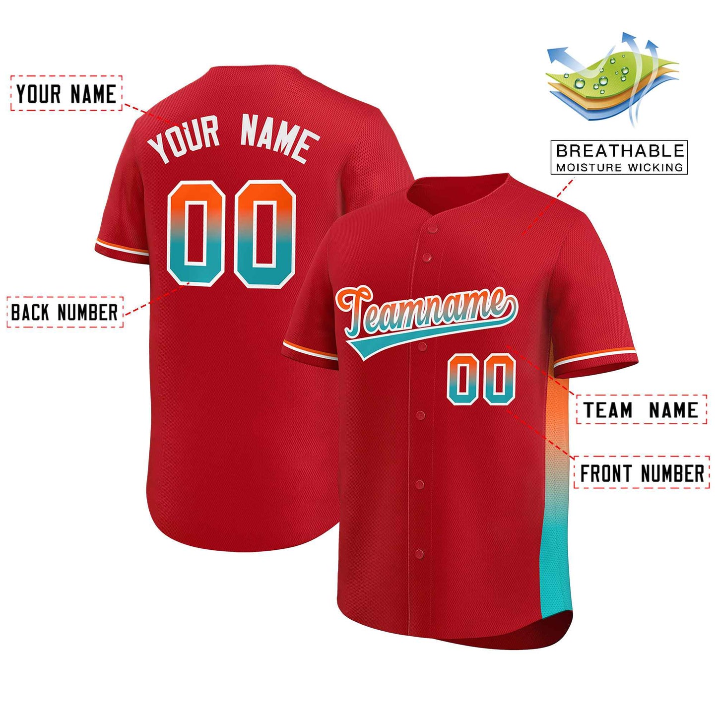 Custom Red Orange-Aqua Personalized Gradient Font And Side Design Authentic Baseball Jersey Limited
