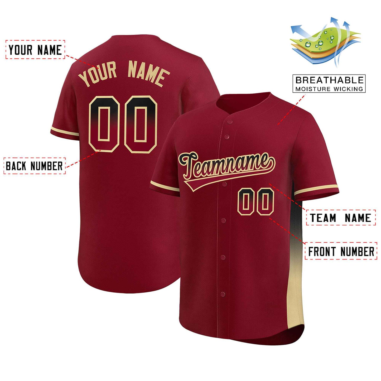 Custom Crimson Black-Khaki Personalized Gradient Font And Side Design Authentic Baseball Jersey Limited