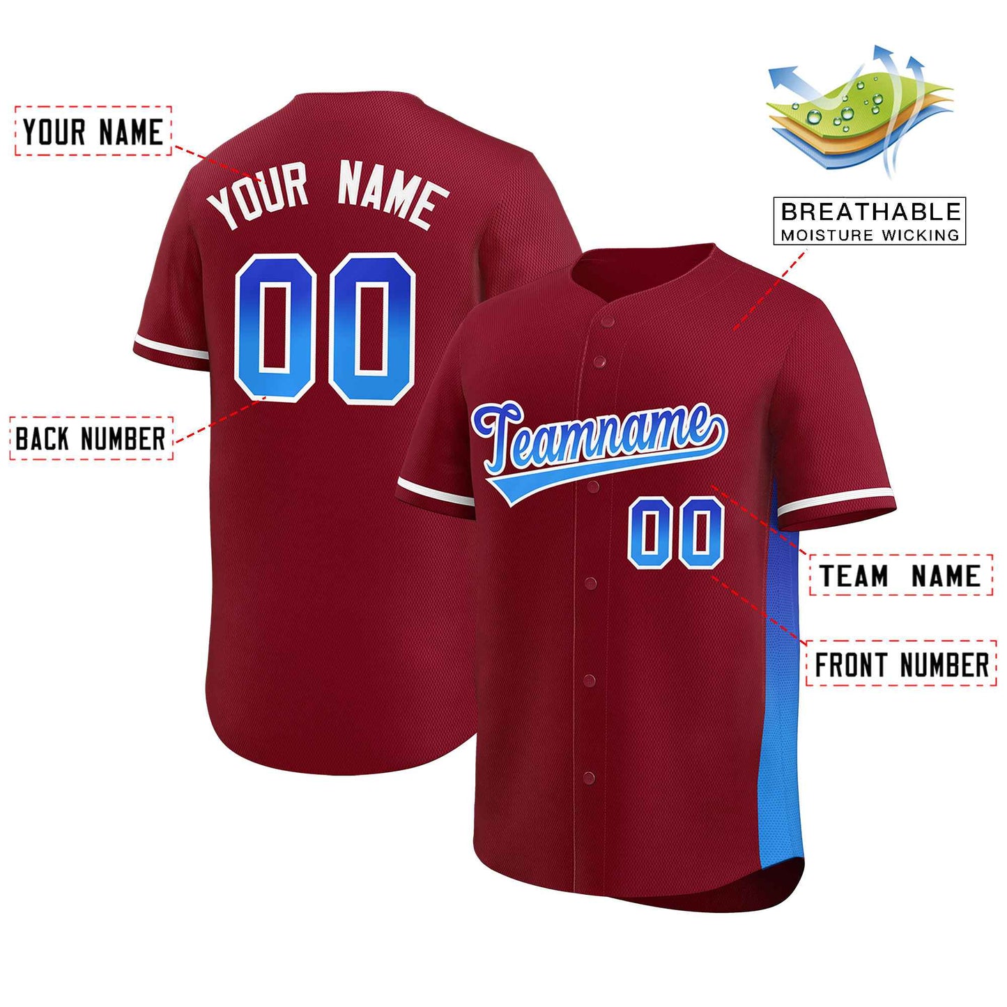 Custom Crimson Royal-Powder Blue Personalized Gradient Font And Side Design Authentic Baseball Jersey Limited