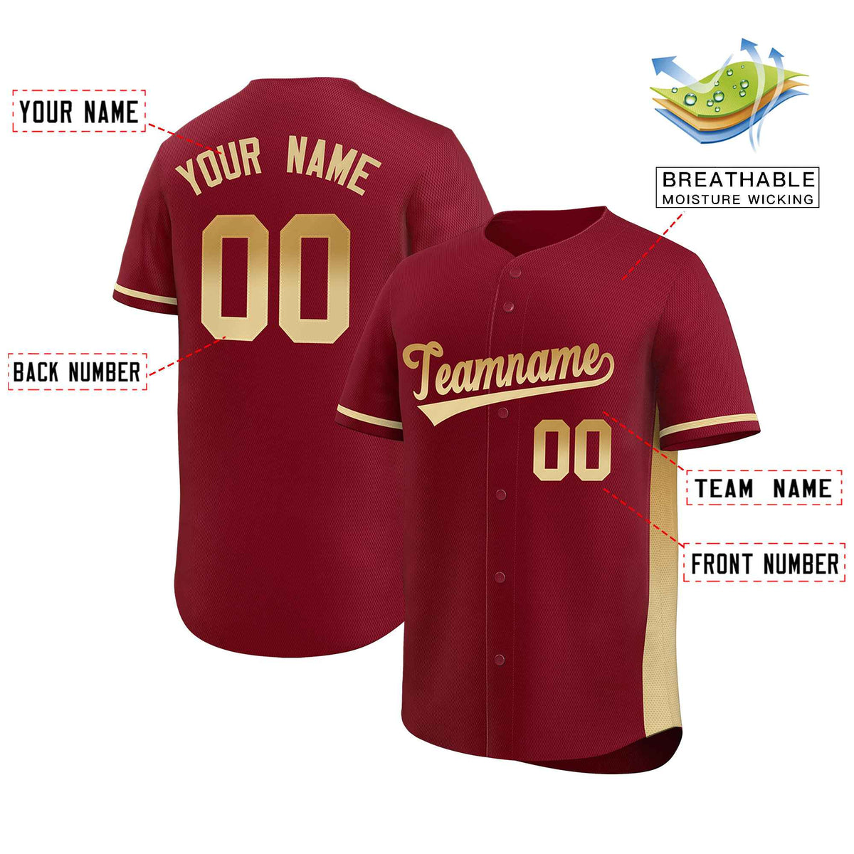 Custom Crimson Old Gold-Khaki Personalized Gradient Font And Side Design Authentic Baseball Jersey Limited