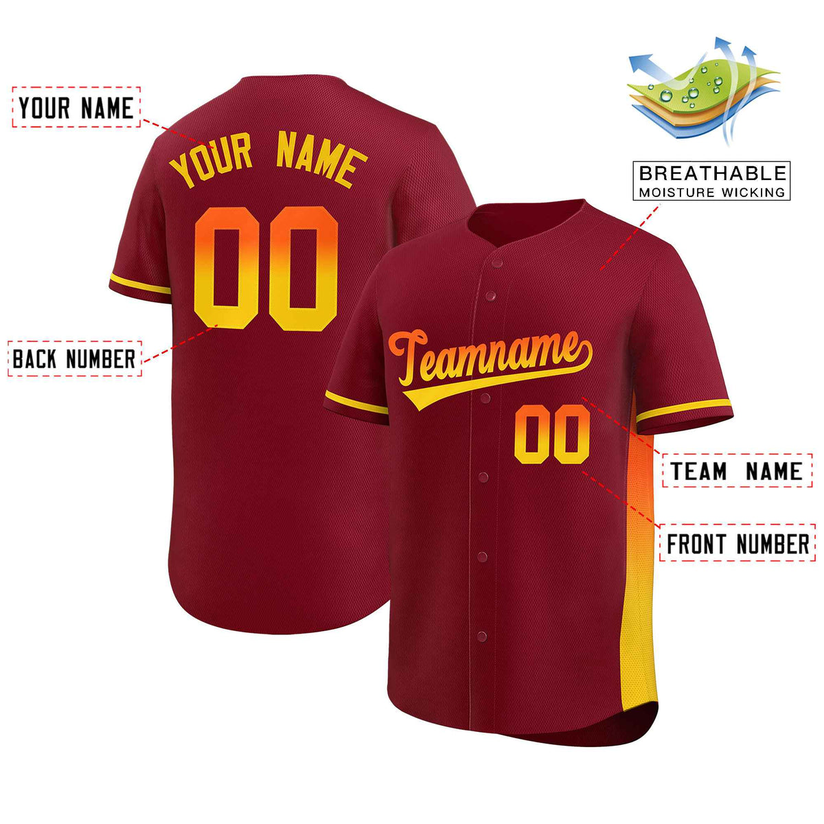 Custom Crimson Orange-Gold Personalized Gradient Font And Side Design Authentic Baseball Jersey Limited