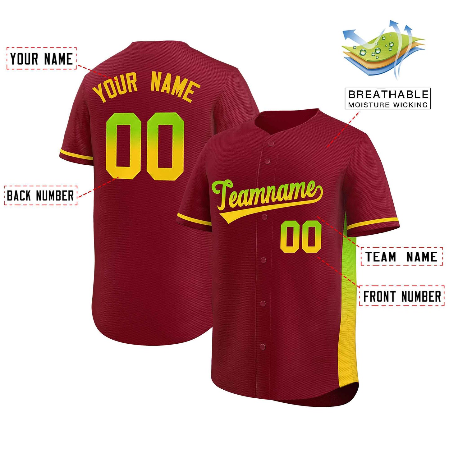 Custom Crimson Neon Green-Gold Personalized Gradient Font And Side Design Authentic Baseball Jersey Limited