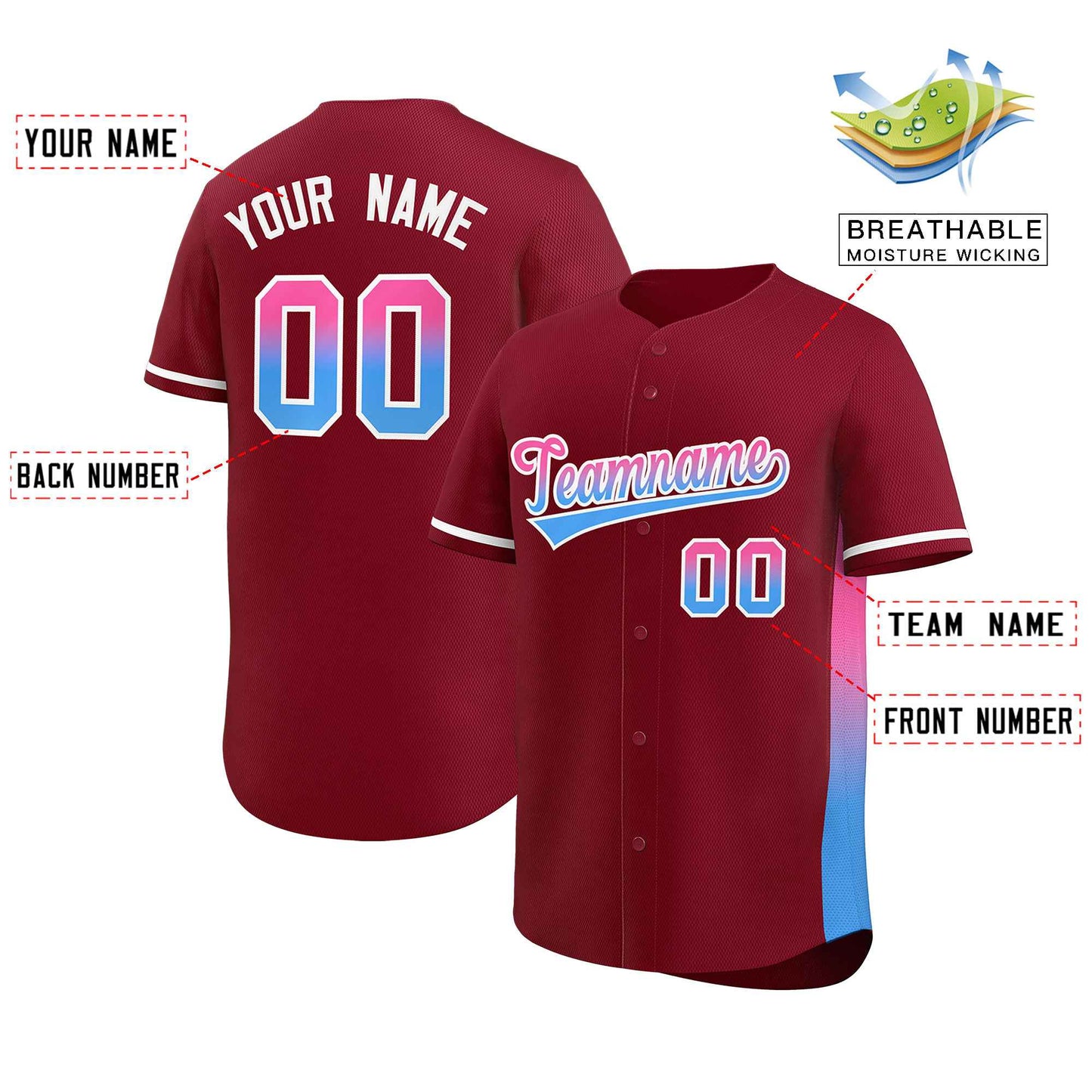 Custom Crimson Pink-Powder Blue Personalized Gradient Font And Side Design Authentic Baseball Jersey Limited