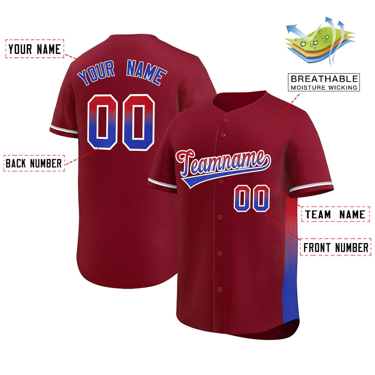 Custom Crimson Red-Royal Personalized Gradient Font And Side Design Authentic Baseball Jersey Limited