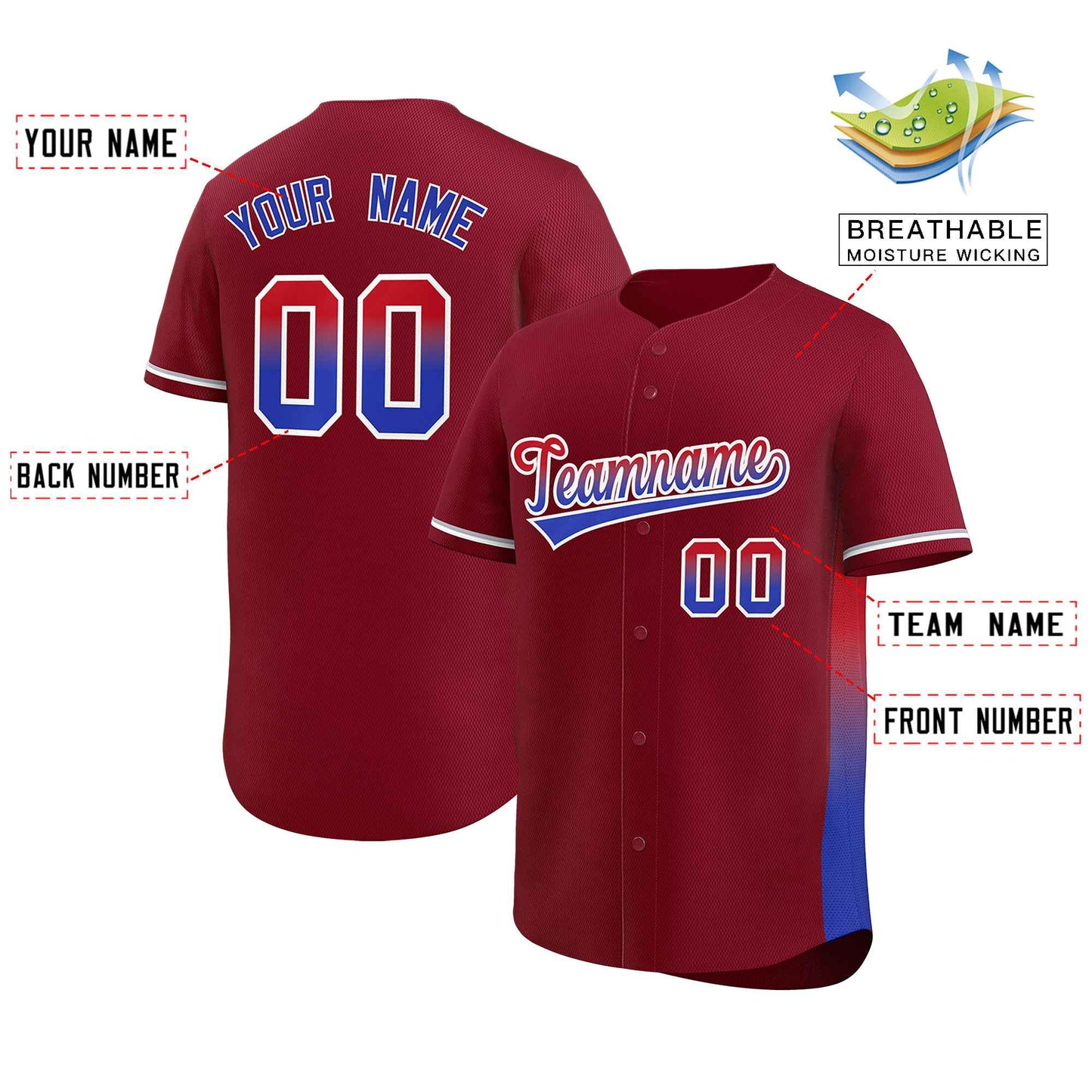 Custom Crimson Red-Royal Personalized Gradient Font And Side Design Authentic Baseball Jersey Limited