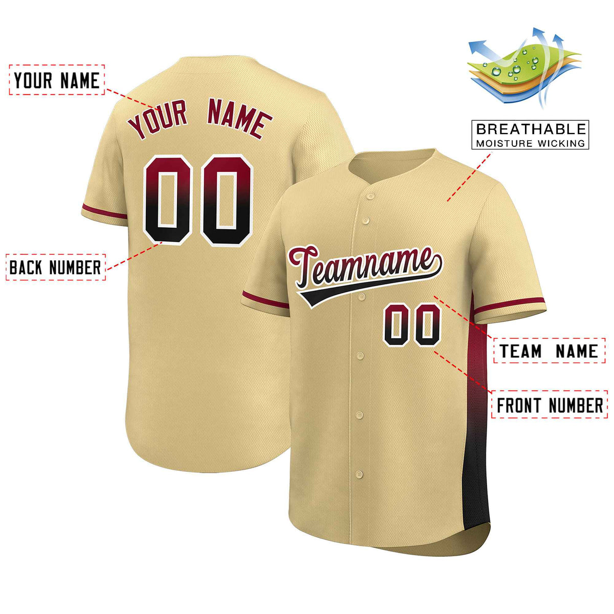 Custom Khaki Crimson-Black Personalized Gradient Font And Side Design Authentic Baseball Jersey Limited