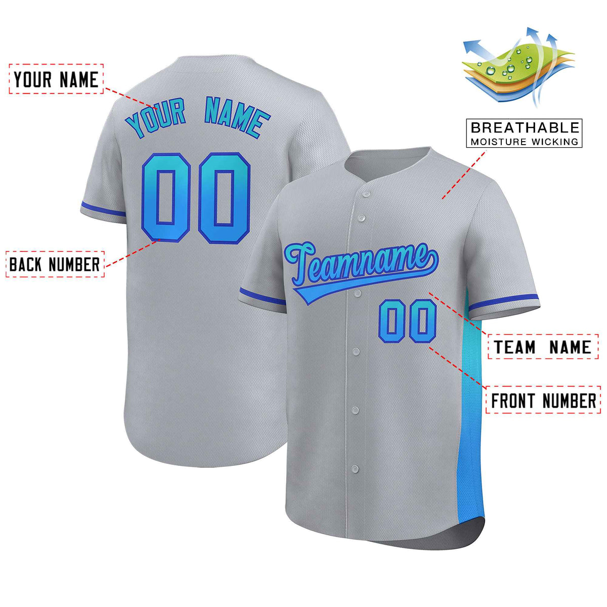 Custom Light Gray Sky Blue-Powder Blue Personalized Gradient Font And Side Design Authentic Baseball Jersey Limited