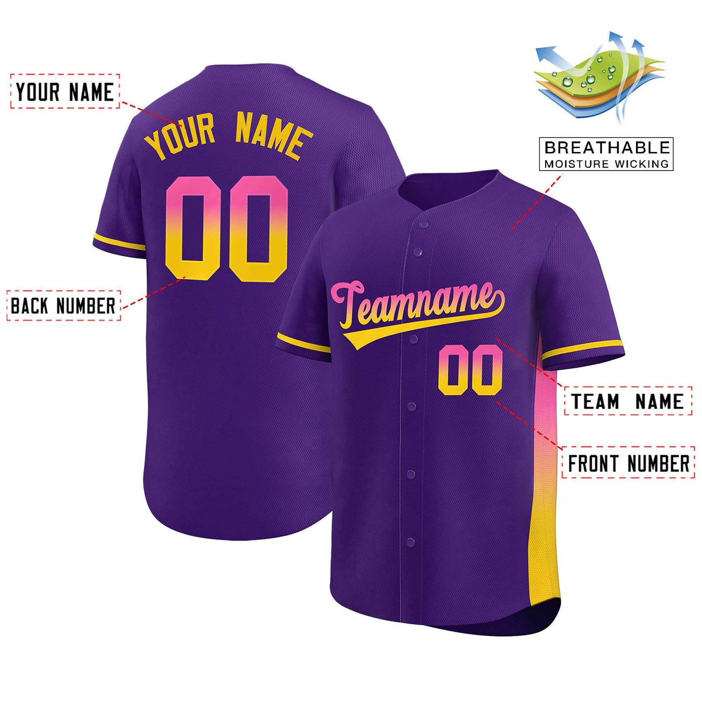 Custom Purple Pink-Gold Personalized Gradient Font And Side Design Authentic Baseball Jersey Limited