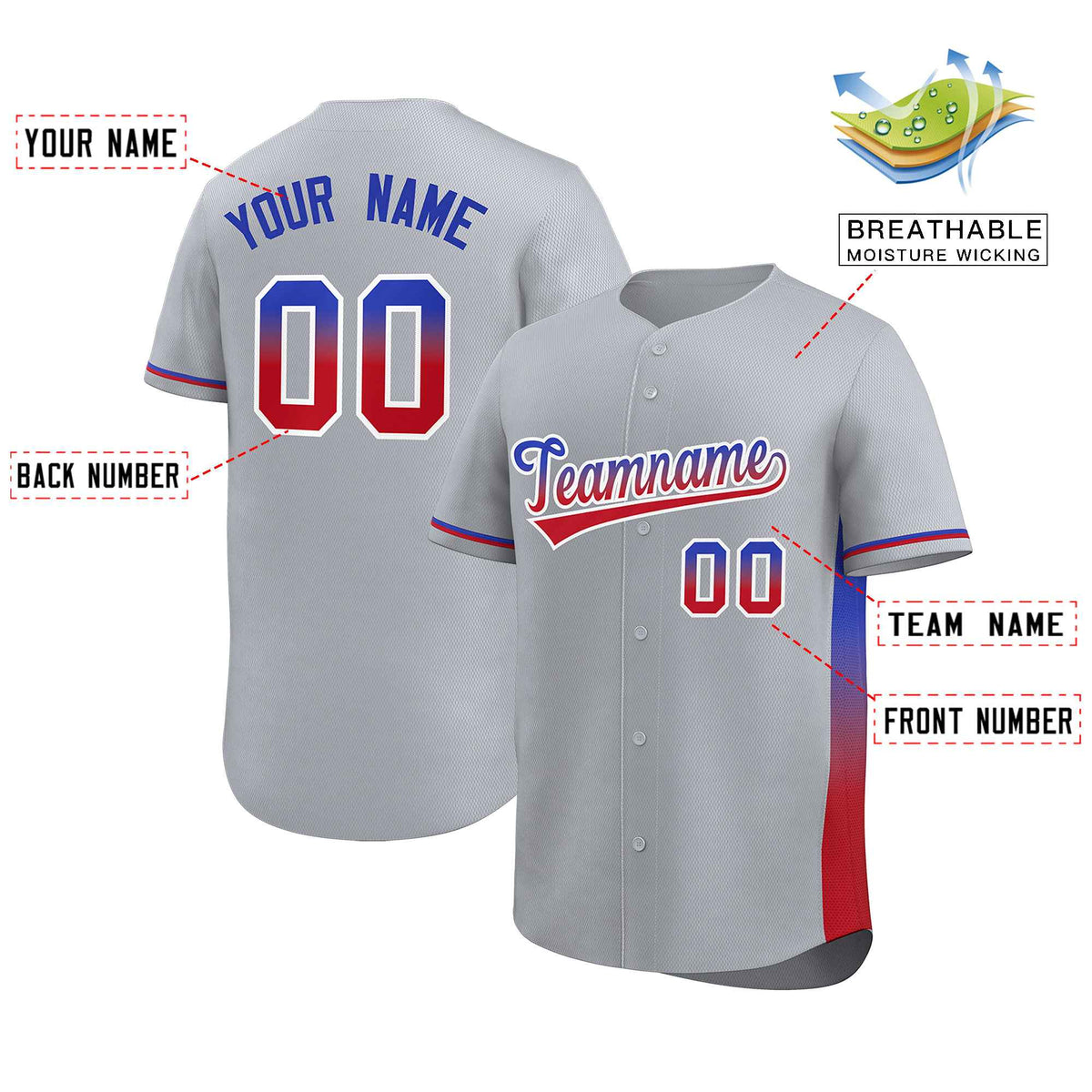 Custom Light Gray Royal-Red Personalized Gradient Font And Side Design Authentic Baseball Jersey Limited