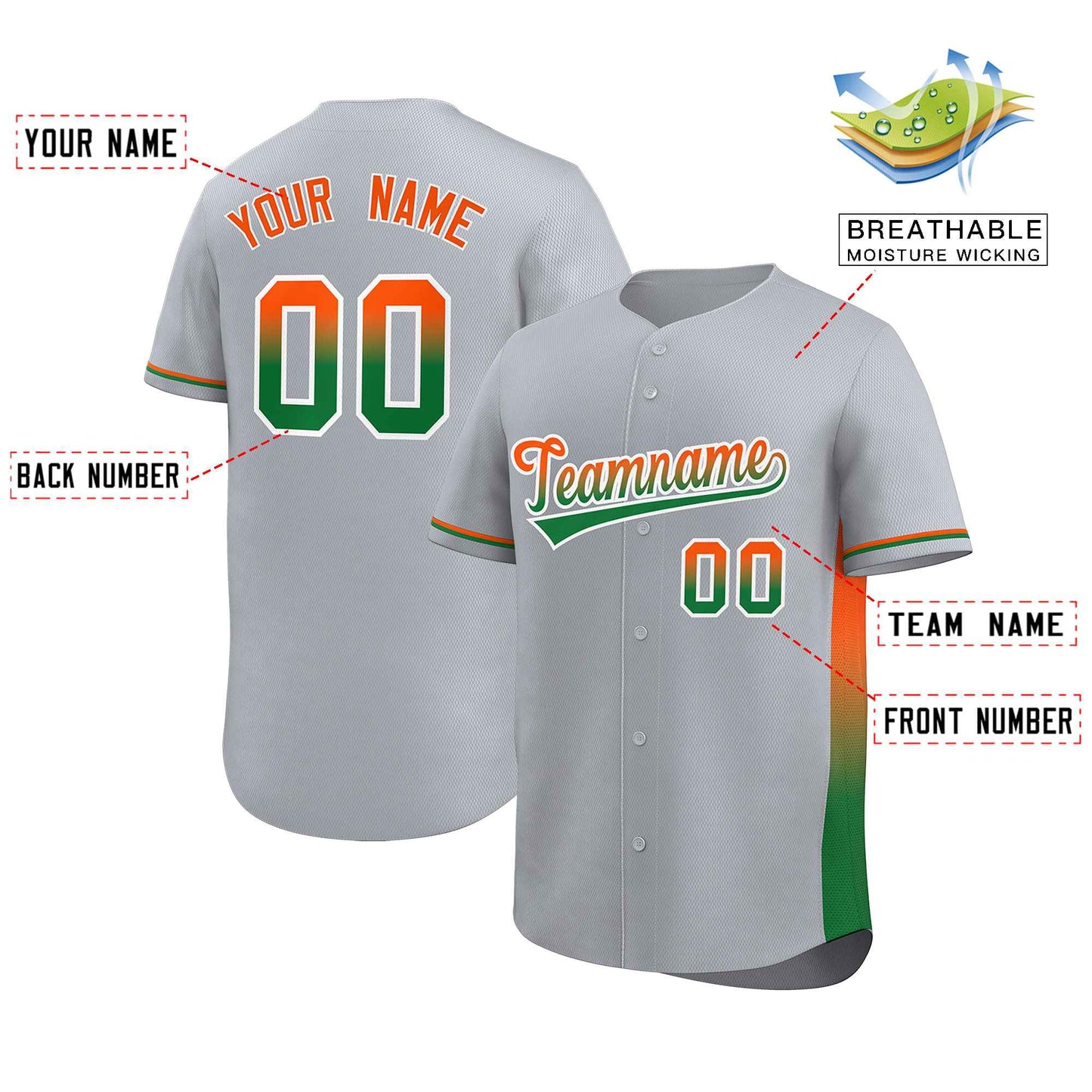 Custom Light Gray Orange-Kelly Green Personalized Gradient Font And Side Design Authentic Baseball Jersey Limited