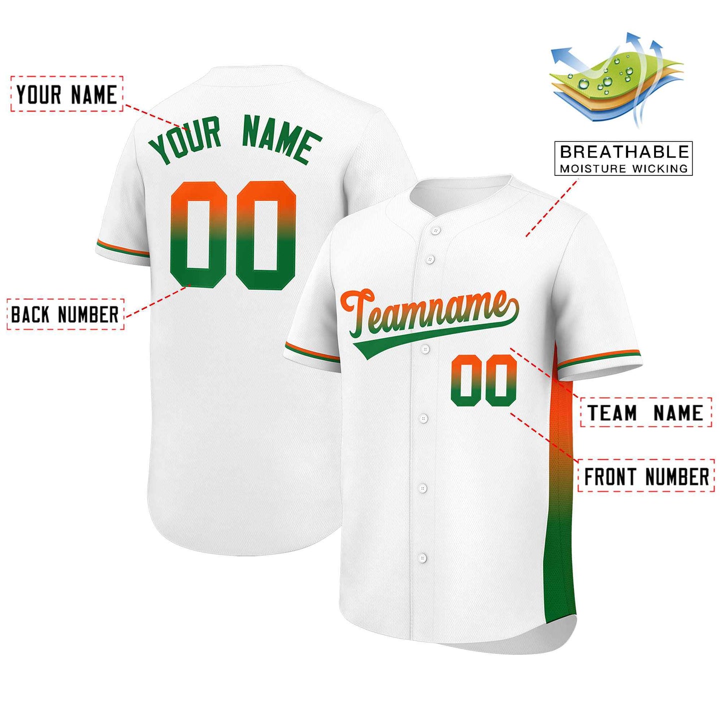 Custom White Orange-Kelly Green Personalized Gradient Font And Side Design Authentic Baseball Jersey Limited