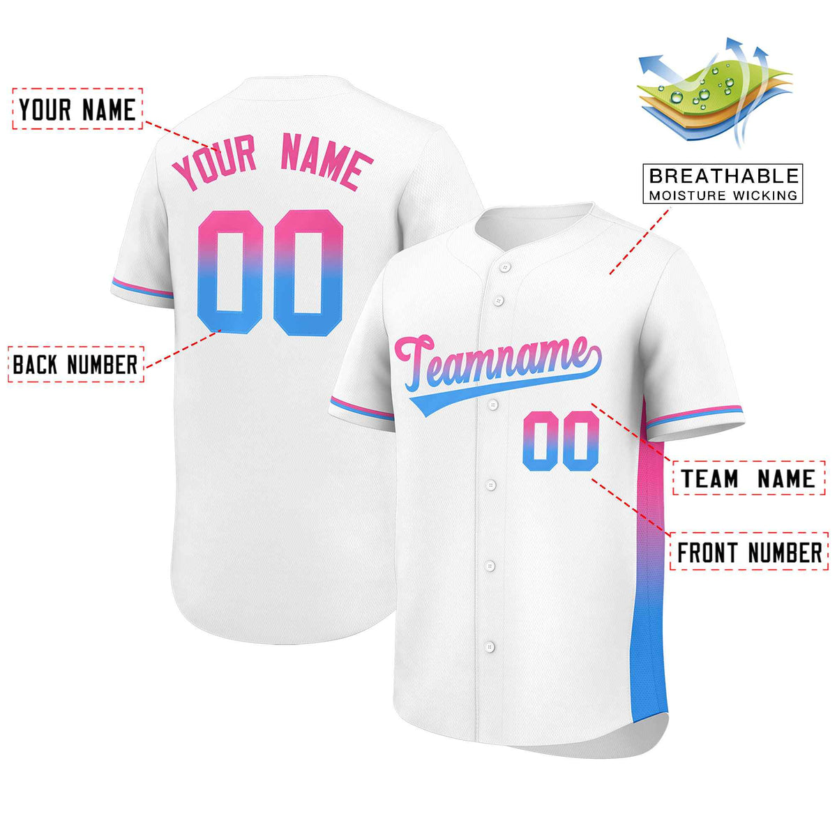 Custom White Pink-Powder Blue Personalized Gradient Font And Side Design Authentic Baseball Jersey Limited