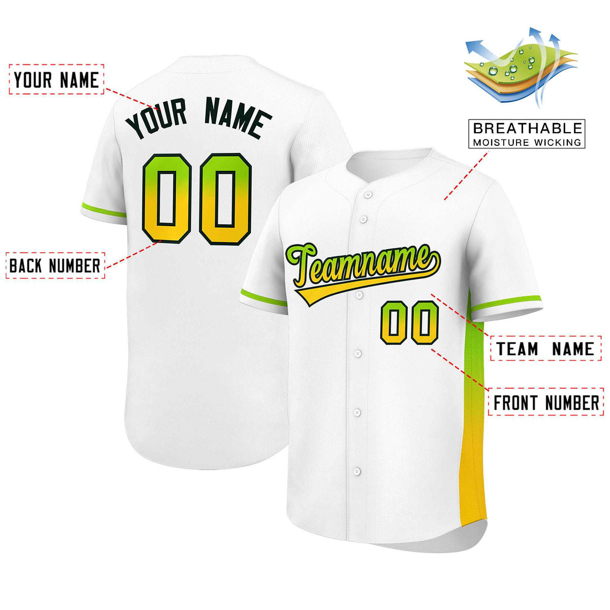 Custom White Neon Green-Gold Personalized Gradient Font And Side Design Authentic Baseball Jersey Limited