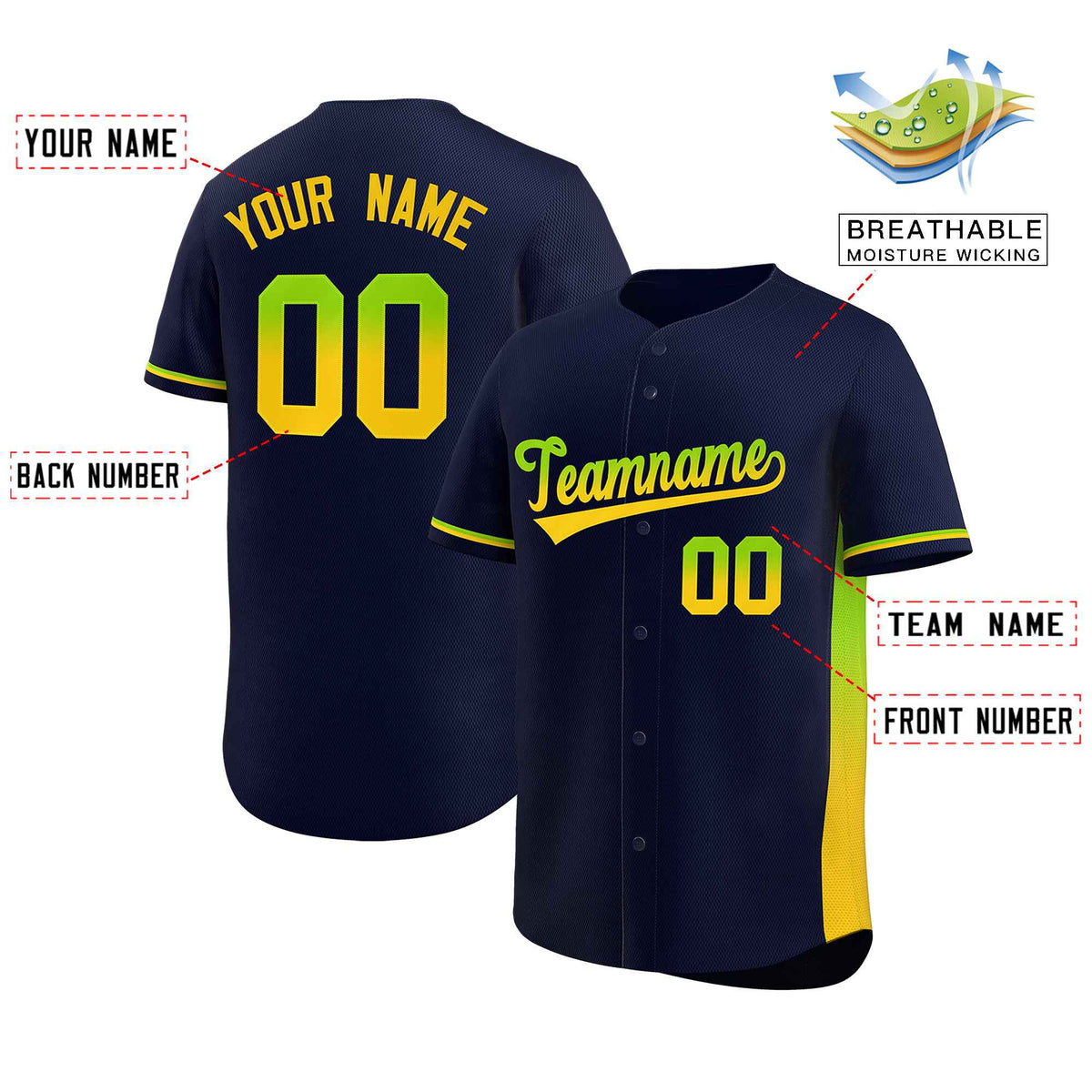 Custom Navy Neon Green-Gold Personalized Gradient Font And Side Design Authentic Baseball Jersey Limited