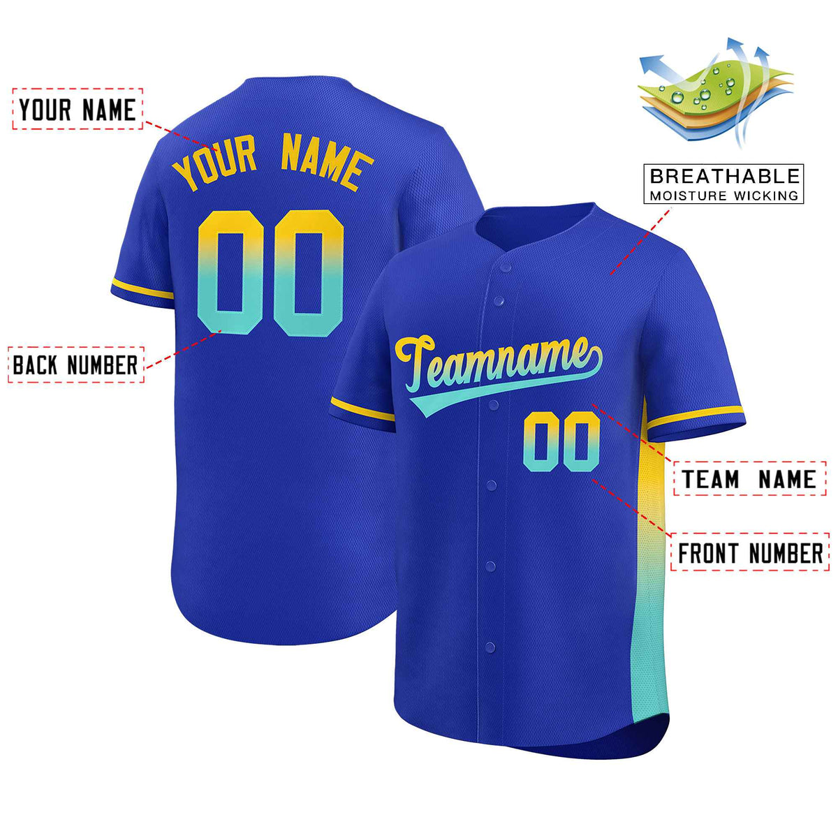 Custom Royal Gold-Lt Green Personalized Gradient Font And Side Design Authentic Baseball Jersey Limited